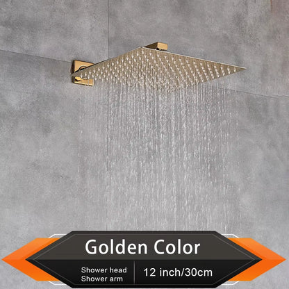 Brushed Golden Rainfall Shower Head Bathroom 8/10/12" Ultrathin Style Top Shower Head with Wall Mounted Shower Arm