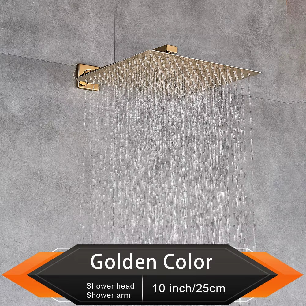 Brushed Golden Rainfall Shower Head Bathroom 8/10/12" Ultrathin Style Top Shower Head with Wall Mounted Shower Arm