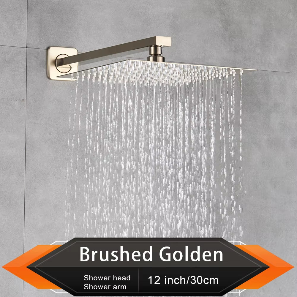 Brushed Golden Rainfall Shower Head Bathroom 8/10/12" Ultrathin Style Top Shower Head with Wall Mounted Shower Arm