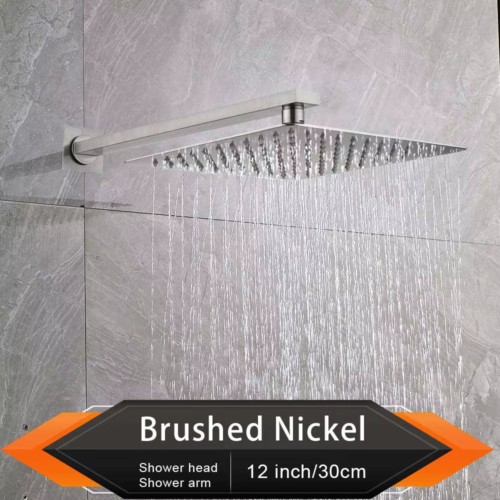 Brushed Golden Rainfall Shower Head Bathroom 8/10/12" Ultrathin Style Top Shower Head with Wall Mounted Shower Arm