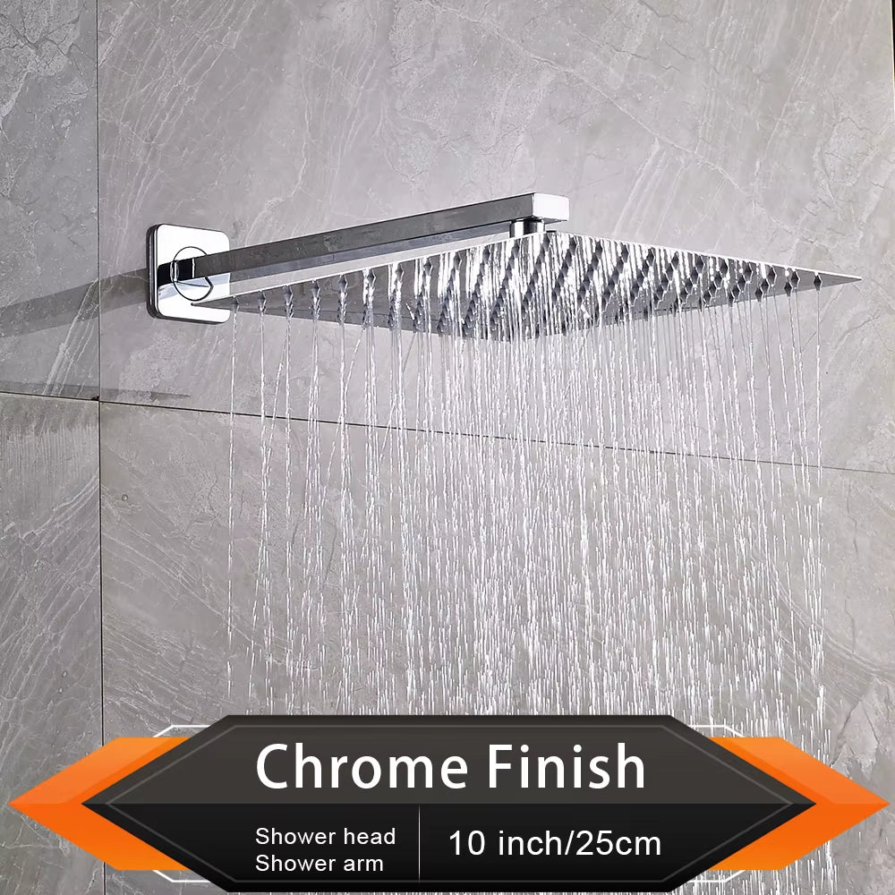 Brushed Golden Rainfall Shower Head Bathroom 8/10/12" Ultrathin Style Top Shower Head with Wall Mounted Shower Arm