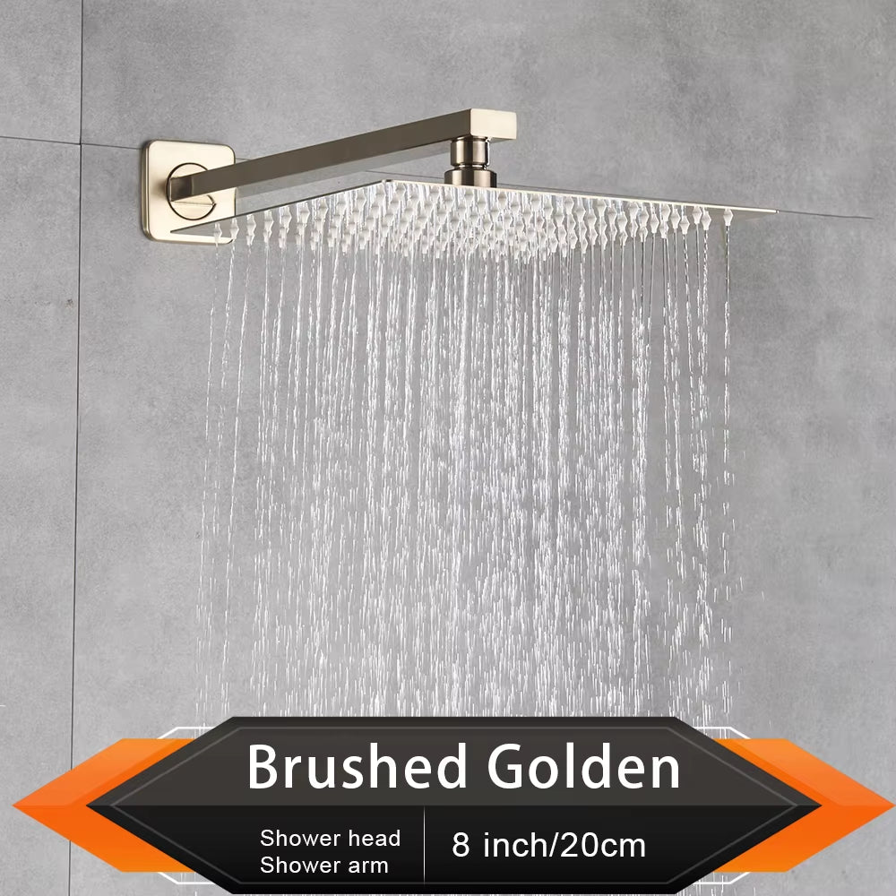 Brushed Golden Rainfall Shower Head Bathroom 8/10/12" Ultrathin Style Top Shower Head with Wall Mounted Shower Arm