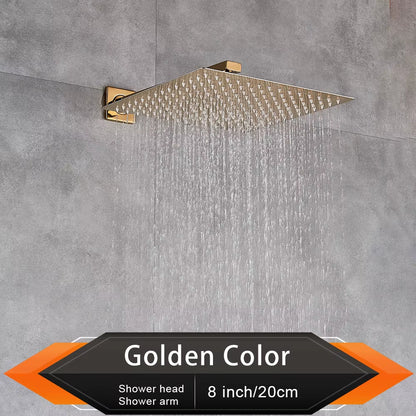 Brushed Golden Rainfall Shower Head Bathroom 8/10/12" Ultrathin Style Top Shower Head with Wall Mounted Shower Arm